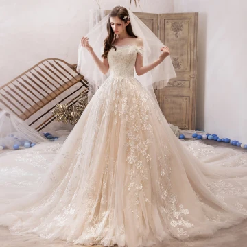 Best Champagne Wedding Dresses 2019 A Line Princess Off The Shoulder Short Sleeve Backless Appliques Lace Beading Royal Train Ruffle