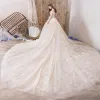 Best Champagne Wedding Dresses 2019 A-Line / Princess Off-The-Shoulder Short Sleeve Backless Appliques Lace Beading Royal Train Ruffle