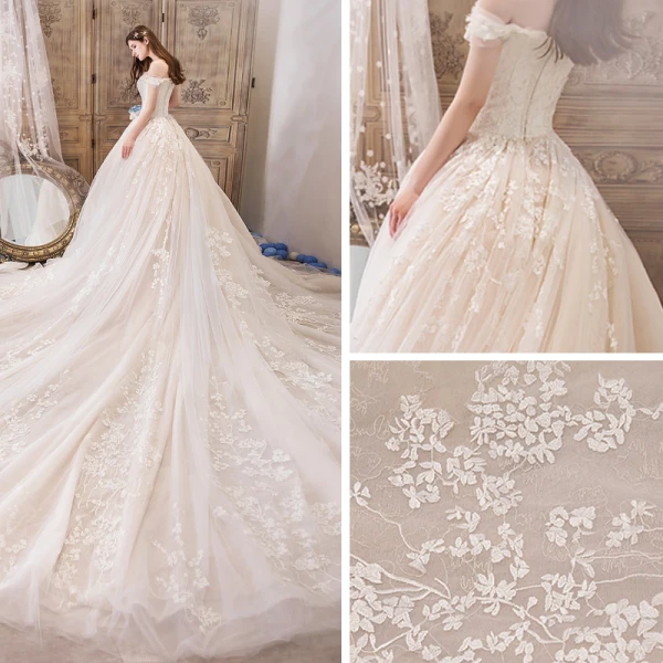 Beste Champagner Brautkleider / Hochzeitskleider 2019 A Linie Off Shoulder Kurze Ärmel Rückenfreies Applikationen Spitze Perlenstickerei Königliche Schleppe Rüschen