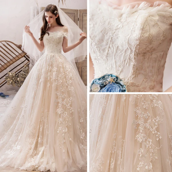 Beste Champagner Brautkleider / Hochzeitskleider 2019 A Linie Off Shoulder Kurze Ärmel Rückenfreies Applikationen Spitze Perlenstickerei Königliche Schleppe Rüschen