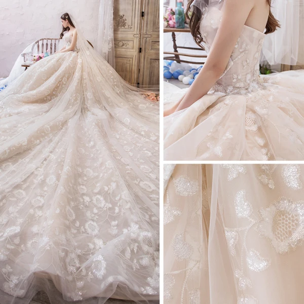 Chic / Beautiful Champagne Wedding Dresses 2019 Ball Gown Sweetheart Sleeveless Backless Glitter Appliques Lace Beading Royal Train Ruffle