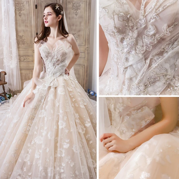 Chic / Beautiful Champagne Wedding Dresses 2019 Ball Gown Sweetheart Sleeveless Backless Glitter Appliques Lace Beading Royal Train Ruffle