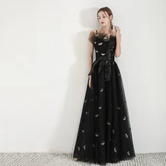 Moderne Mode Noire Robe De Soirée 2019 Princesse Bretelles Spaghetti Sans Manches Gonflée Brodé Paillettes Longue Volants Dos Nu Robe De Ceremonie