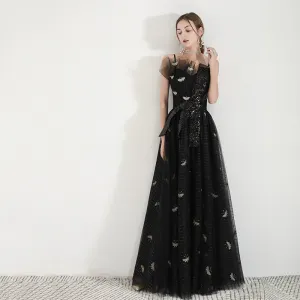 Moda Negro Vestidos De Noche 2019 A Line Princess Spaghetti Straps Sin Mangas Hinchado Bordado Lentejuelas Largos Ruffle Sin Espalda Vestidos Formales