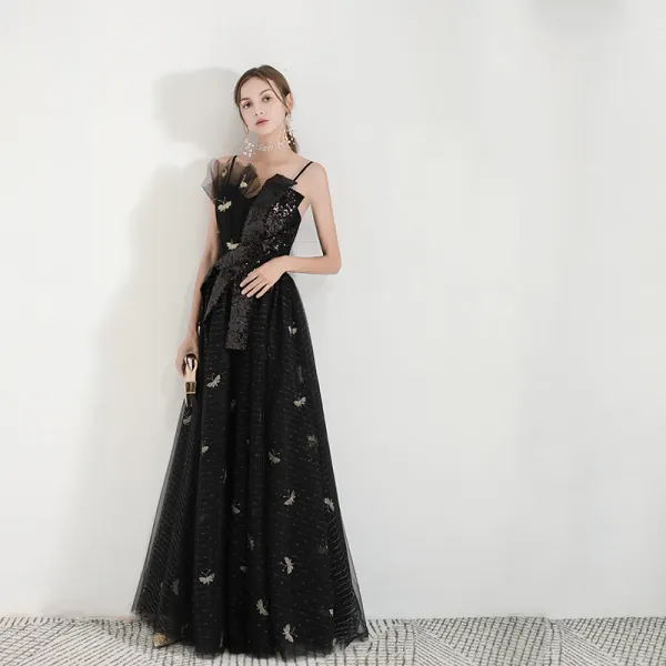 Stylowe / Modne Czarne Sukienki Wieczorowe 2019 Princessa Spaghetti Pasy Bez Rękawów Bufiasta Haftowane Cekiny Długie Wzburzyć Bez Pleców Sukienki Wizytowe