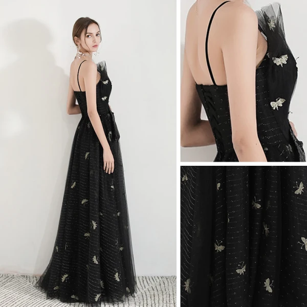 Stylowe / Modne Czarne Sukienki Wieczorowe 2019 Princessa Spaghetti Pasy Bez Rękawów Bufiasta Haftowane Cekiny Długie Wzburzyć Bez Pleców Sukienki Wizytowe
