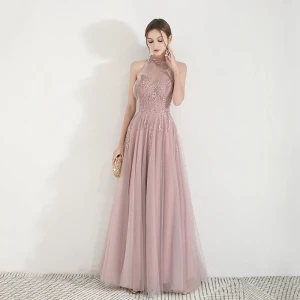 Elegante Parel Roze Doorzichtige Avondjurken 2019 A Lijn Hoge Kraag Mouwloos Appliques Kant Kralen Lange Ruche Ruglooze Gelegenheid Jurken