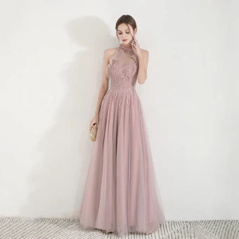 Elegant Pearl Pink See Through Evening Dresses 2019 A Line Princess High Neck Sleeveless Appliques Lace Beading Floor Length Long Ruffle Backless Formal Dresses