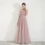 Élégant Perle Rose Transparentes Robe De Soirée 2019 Princesse Col Haut Sans Manches Appliques En Dentelle Perlage Longue Volants Dos Nu Robe De Ceremonie