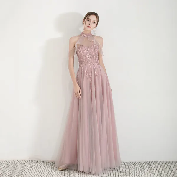 Élégant Perle Rose Transparentes Robe De Soirée 2019 Princesse Col Haut Sans Manches Appliques En Dentelle Perlage Longue Volants Dos Nu Robe De Ceremonie