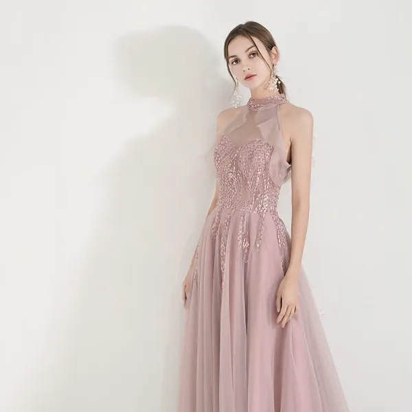 Élégant Perle Rose Transparentes Robe De Soirée 2019 Princesse Col Haut Sans Manches Appliques En Dentelle Perlage Longue Volants Dos Nu Robe De Ceremonie