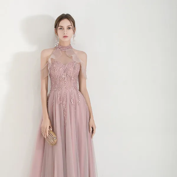 Élégant Perle Rose Transparentes Robe De Soirée 2019 Princesse Col Haut Sans Manches Appliques En Dentelle Perlage Longue Volants Dos Nu Robe De Ceremonie