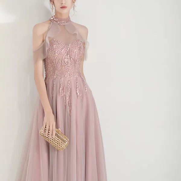 Élégant Perle Rose Transparentes Robe De Soirée 2019 Princesse Col Haut Sans Manches Appliques En Dentelle Perlage Longue Volants Dos Nu Robe De Ceremonie