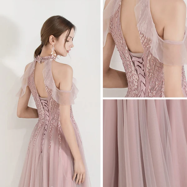 Élégant Perle Rose Transparentes Robe De Soirée 2019 Princesse Col Haut Sans Manches Appliques En Dentelle Perlage Longue Volants Dos Nu Robe De Ceremonie