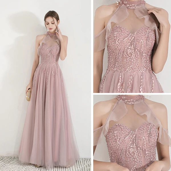 Élégant Perle Rose Transparentes Robe De Soirée 2019 Princesse Col Haut Sans Manches Appliques En Dentelle Perlage Longue Volants Dos Nu Robe De Ceremonie