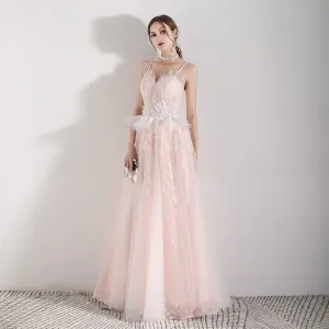 Romantique Perle Rose Robe De Soirée 2019 Princesse Bretelles Spaghetti Sans Manches Appliques Fleur Perle Perlage Gland Longue Volants Dos Nu Robe De Ceremonie