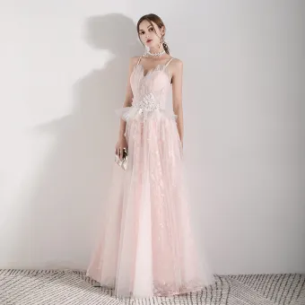 Romantic Pearl Pink Evening Dresses 2019 A Line Princess Spaghetti Straps Sleeveless Appliques Flower Pearl Beading Tassel Floor Length Long Ruffle Backless Formal Dresses