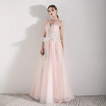 Romantic Pearl Pink Evening Dresses 2019 A Line Princess Spaghetti Straps Sleeveless Appliques Flower Pearl Beading Tassel Floor Length Long Ruffle Backless Formal Dresses