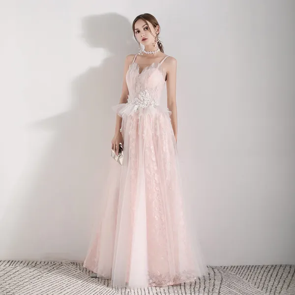Romantic Pearl Pink Evening Dresses 2019 A-Line / Princess Spaghetti Straps Sleeveless Appliques Flower Pearl Beading Tassel Floor-Length / Long