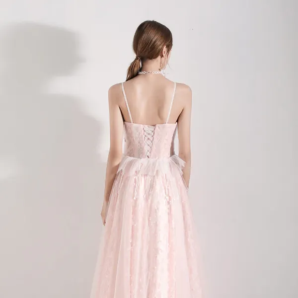 Romantic Pearl Pink Evening Dresses 2019 A-Line / Princess Spaghetti Straps Sleeveless Appliques Flower Pearl Beading Tassel Floor-Length / Long