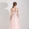 Romantic Pearl Pink Evening Dresses  2019 A-Line / Princess Spaghetti Straps Sleeveless Appliques Flower Pearl Beading Tassel Floor-Length / Long Ruffle Backless Formal Dresses