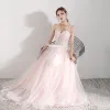 Romantic Pearl Pink Evening Dresses  2019 A-Line / Princess Spaghetti Straps Sleeveless Appliques Flower Pearl Beading Tassel Floor-Length / Long Ruffle Backless Formal Dresses