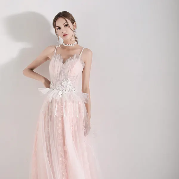 Romantic Pearl Pink Evening Dresses 2019 A-Line / Princess Spaghetti Straps Sleeveless Appliques Flower Pearl Beading Tassel Floor-Length / Long Ruffle Backless Formal Dresses