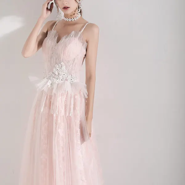 Romantic Pearl Pink Evening Dresses 2019 A-Line / Princess Spaghetti Straps Sleeveless Appliques Flower Pearl Beading Tassel Floor-Length / Long Ruffle Backless Formal Dresses