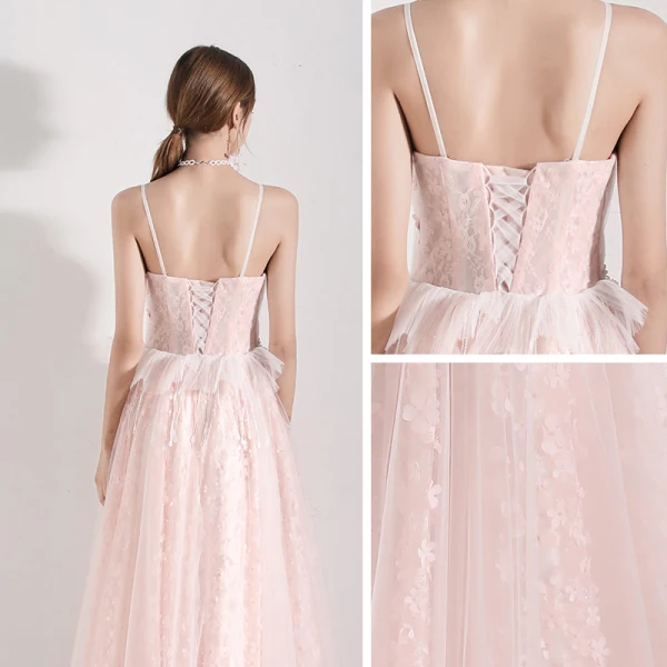 Romantic Pearl Pink Evening Dresses 2019 A-Line / Princess Spaghetti Straps Sleeveless Appliques Flower Pearl Beading Tassel Floor-Length / Long Ruffle Backless Formal Dresses