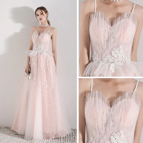 Romantic Pearl Pink Evening Dresses 2019 A-Line / Princess Spaghetti Straps Sleeveless Appliques Flower Pearl Beading Tassel Floor-Length / Long Ruffle Backless Formal Dresses