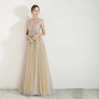 Charming Yellow Evening Dresses 2019 A Line Princess Spaghetti Straps V Neck Sleeveless Appliques Lace Beading Floor Length Long Ruffle Backless Formal Dresses