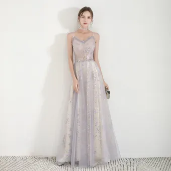 Charming Champagne Evening Dresses 2019 A Line Princess Spaghetti Straps Sleeveless Glitter Sequins Floor Length Long Ruffle Backless Formal Dresses