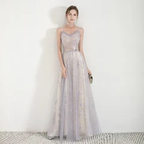 Charmant Champagne Robe De Soirée 2019 Princesse Bretelles Spaghetti Sans Manches Glitter Paillettes Longue Volants Dos Nu Robe De Ceremonie