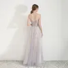Charming Champagne Evening Dresses  2019 A-Line / Princess Spaghetti Straps Sleeveless Glitter Sequins Floor-Length / Long Ruffle Backless Formal Dresses