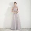 Charming Champagne Evening Dresses  2019 A-Line / Princess Spaghetti Straps Sleeveless Glitter Sequins Floor-Length / Long Ruffle Backless Formal Dresses