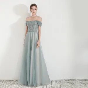 Élégant Vert Robe De Soirée 2019 Princesse De L 039 Épaule Manches Courtes Glitter Tulle Longue Volants Dos Nu Robe De Ceremonie