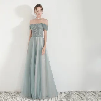 Élégant Vert Robe De Soirée 2019 Princesse De L 039 Épaule Manches Courtes Glitter Tulle Longue Volants Dos Nu Robe De Ceremonie