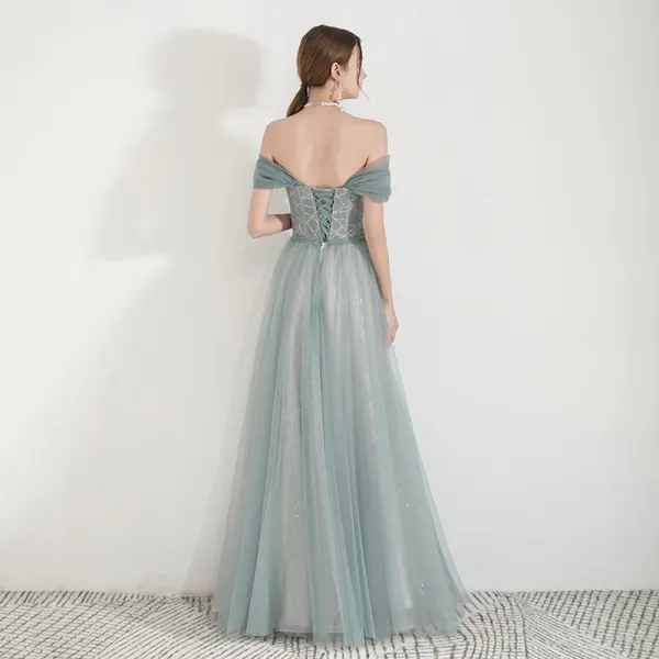 Elegant Green Evening Dresses 2019 A-Line / Princess Off-The-Shoulder Short Sleeve Glitter Tulle Floor-Length / Long Ruffle Backless Formal Dresses