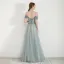 Elegant Green Evening Dresses  2019 A-Line / Princess Off-The-Shoulder Short Sleeve Glitter Tulle Floor-Length / Long Ruffle Backless Formal Dresses