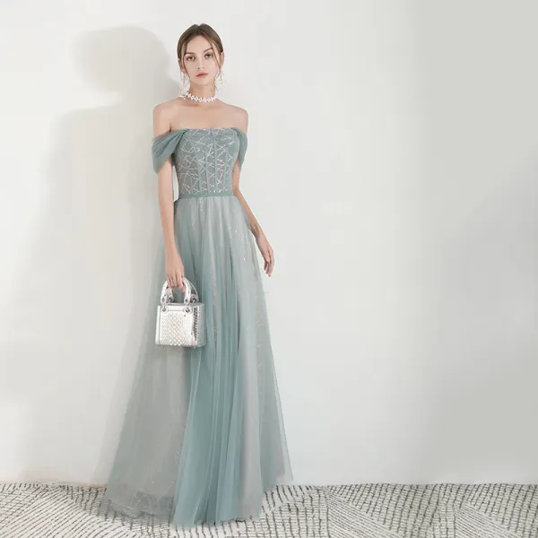 Elegant Green Evening Dresses 2019 A-Line / Princess Off-The-Shoulder Short Sleeve Glitter Tulle Floor-Length / Long Ruffle Backless Formal Dresses