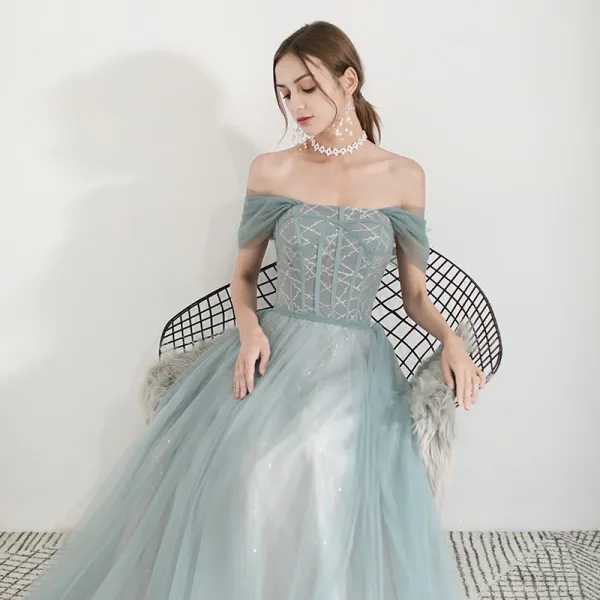 Elegant Green Evening Dresses 2019 A-Line / Princess Off-The-Shoulder Short Sleeve Glitter Tulle Floor-Length / Long Ruffle Backless Formal Dresses