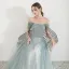 Elegant Green Evening Dresses  2019 A-Line / Princess Off-The-Shoulder Short Sleeve Glitter Tulle Floor-Length / Long Ruffle Backless Formal Dresses