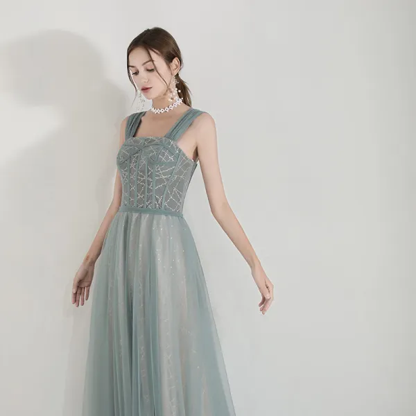 Elegant Green Evening Dresses 2019 A-Line / Princess Off-The-Shoulder Short Sleeve Glitter Tulle Floor-Length / Long Ruffle Backless Formal Dresses