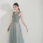 Elegant Green Evening Dresses  2019 A-Line / Princess Off-The-Shoulder Short Sleeve Glitter Tulle Floor-Length / Long Ruffle Backless Formal Dresses