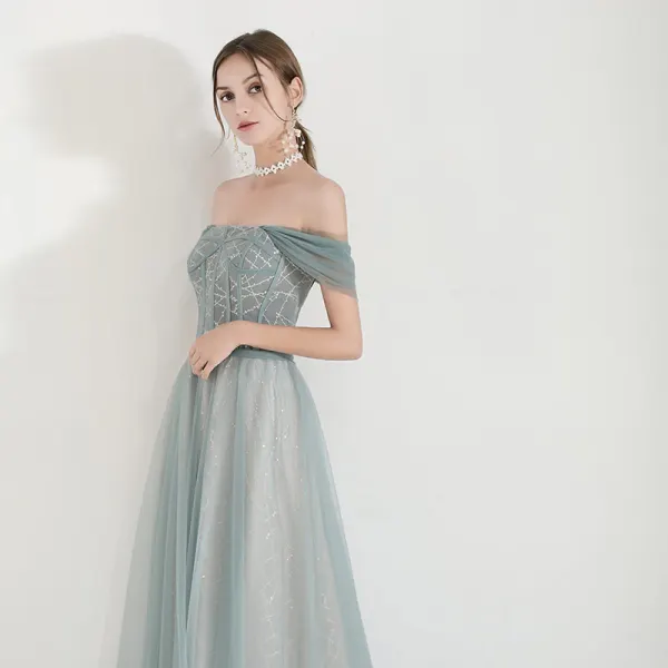Elegant Green Evening Dresses 2019 A-Line / Princess Off-The-Shoulder Short Sleeve Glitter Tulle Floor-Length / Long Ruffle Backless Formal Dresses