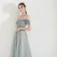 Elegant Green Evening Dresses  2019 A-Line / Princess Off-The-Shoulder Short Sleeve Glitter Tulle Floor-Length / Long Ruffle Backless Formal Dresses
