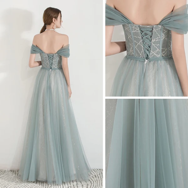 Elegant Green Evening Dresses 2019 A-Line / Princess Off-The-Shoulder Short Sleeve Glitter Tulle Floor-Length / Long Ruffle Backless Formal Dresses