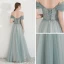 Elegant Green Evening Dresses  2019 A-Line / Princess Off-The-Shoulder Short Sleeve Glitter Tulle Floor-Length / Long Ruffle Backless Formal Dresses