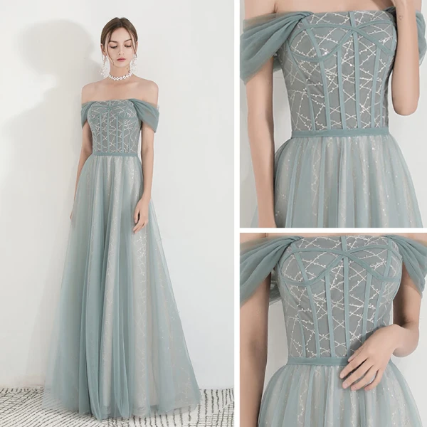 Elegant Green Evening Dresses 2019 A-Line / Princess Off-The-Shoulder Short Sleeve Glitter Tulle Floor-Length / Long Ruffle Backless Formal Dresses