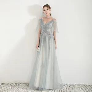 Élégant Vert Robe De Soirée 2019 Princesse Bretelles Spaghetti Appliques En Dentelle Perlage Longue Volants Dos Nu Robe De Ceremonie